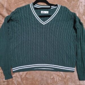 Green knit Hollister sweater with white stripe detailing
